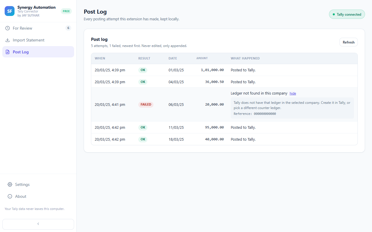 Post Log showing each posting attempt with a short plain-English result