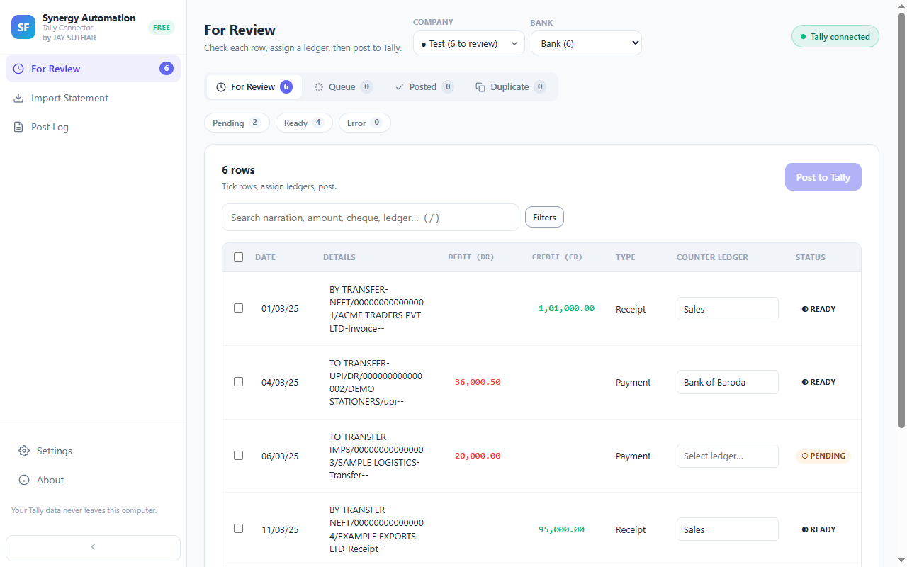 For Review screen listing bank statement rows with a counter ledger picker on each row